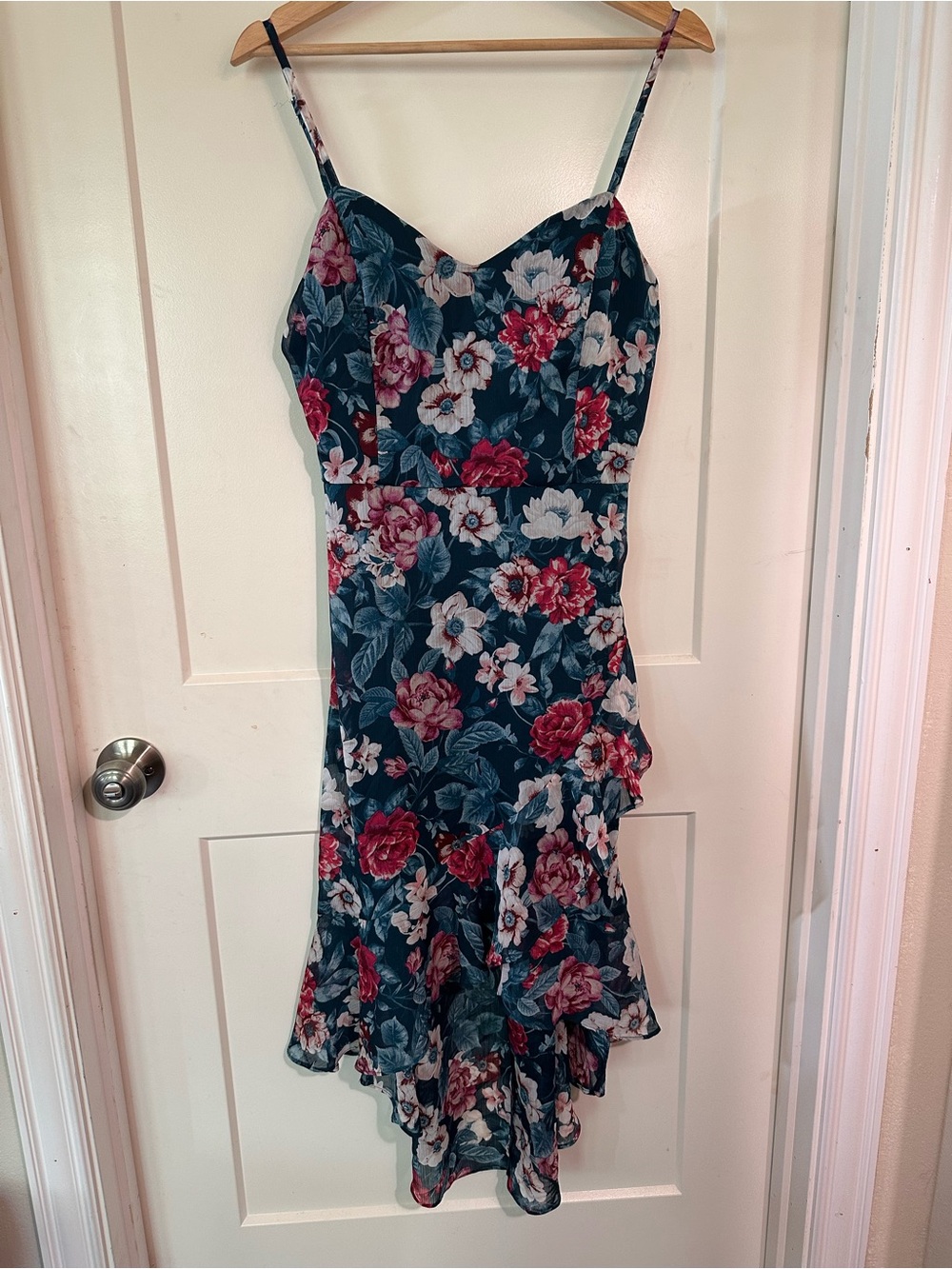BCX Navy Floral Asymmetrical Slip Dress with Red Blooms